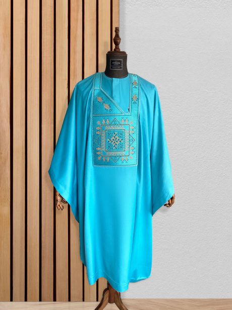 Turquoise Agbada set with an exquisite monogram embroidery