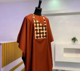 Orange agbada set with interlocking embroidery