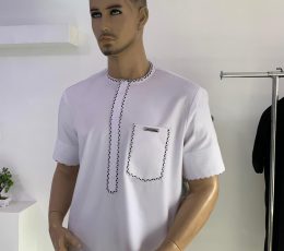 White kaf with hand-knitted sharaba neck and pocket design