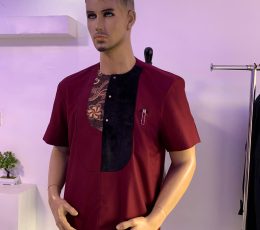 No-placket wine kaftan with a touch of velvet and damask