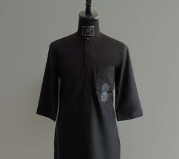Black Kaftan with Geometric Design on pocket